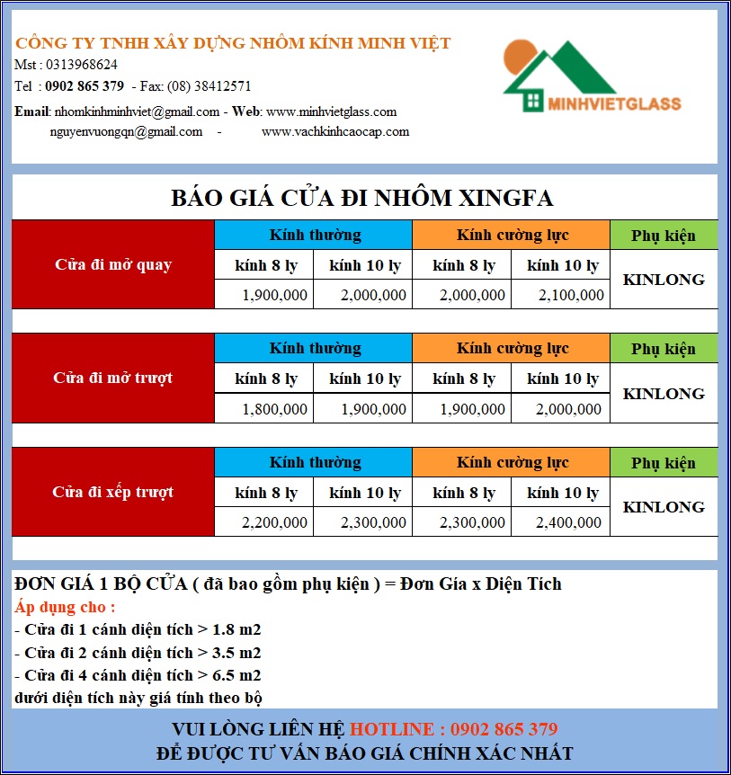 BÁO GIÁ CỬA NHÔM XINGFA