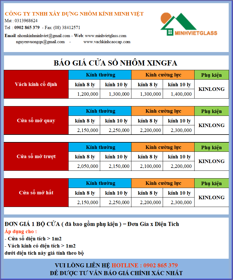 BẢNG BÁO GIÁ CỬA NHÔM XINGFA QUẬN TÂN BÌNH