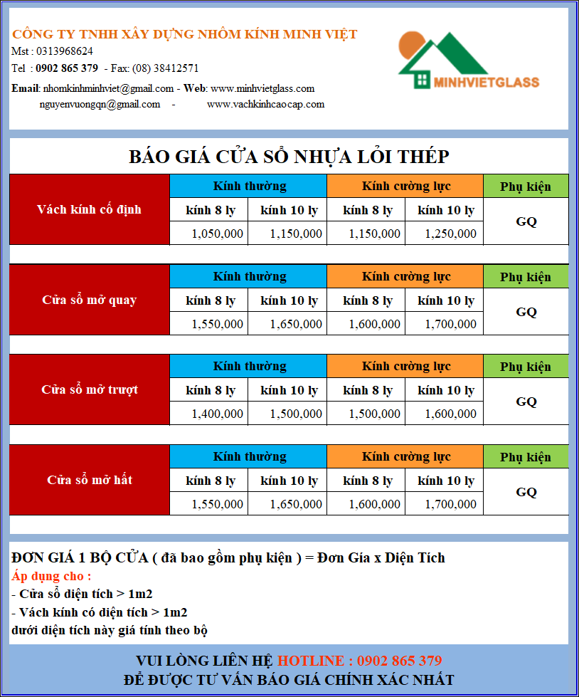 BẢNG GIÁ CỬA NHỰA LỎI THÉP QUẬN 11